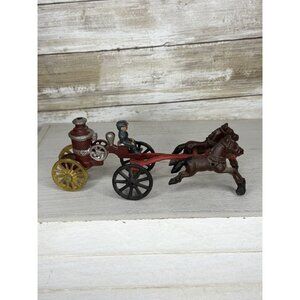 Vintage Cast Iron Fireman Horse Drawn Fire Engine Pump Wagon 2 Piece Toy 8.5” GC